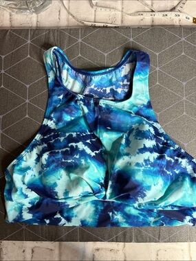 Indigo Blue & Teal High Neck Tie-Dye Sports Bra